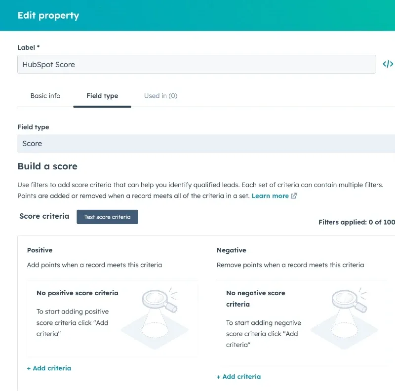 HubSpot lead scoring properties setup screen