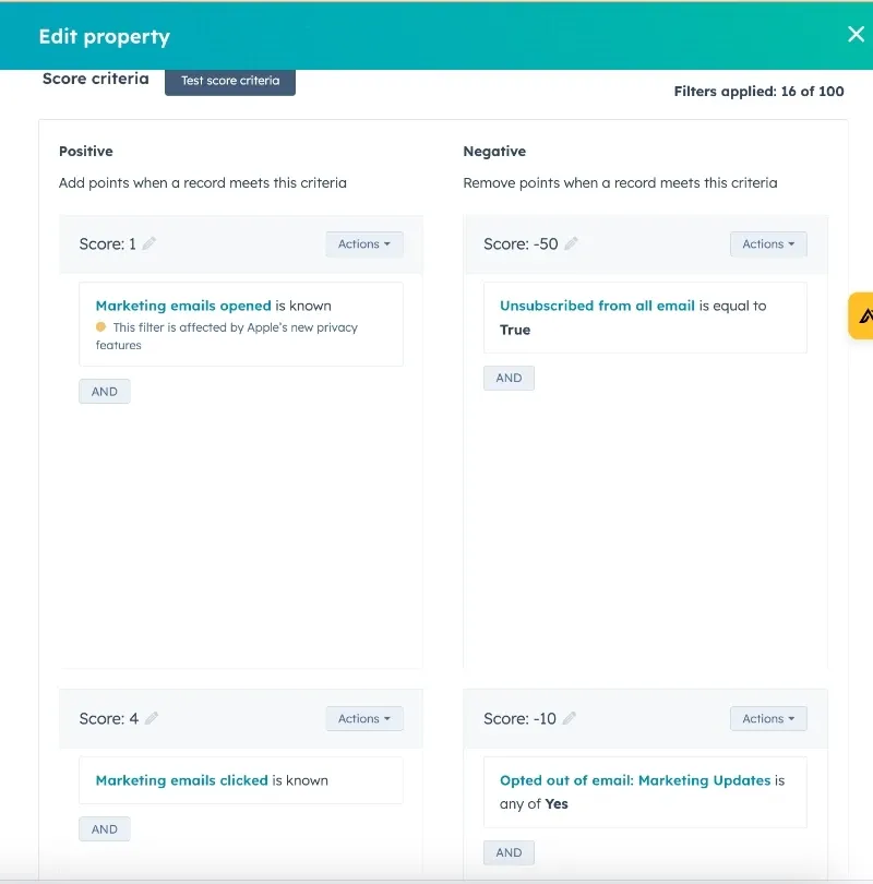 HubSpot lead scoring criteria configuration interface