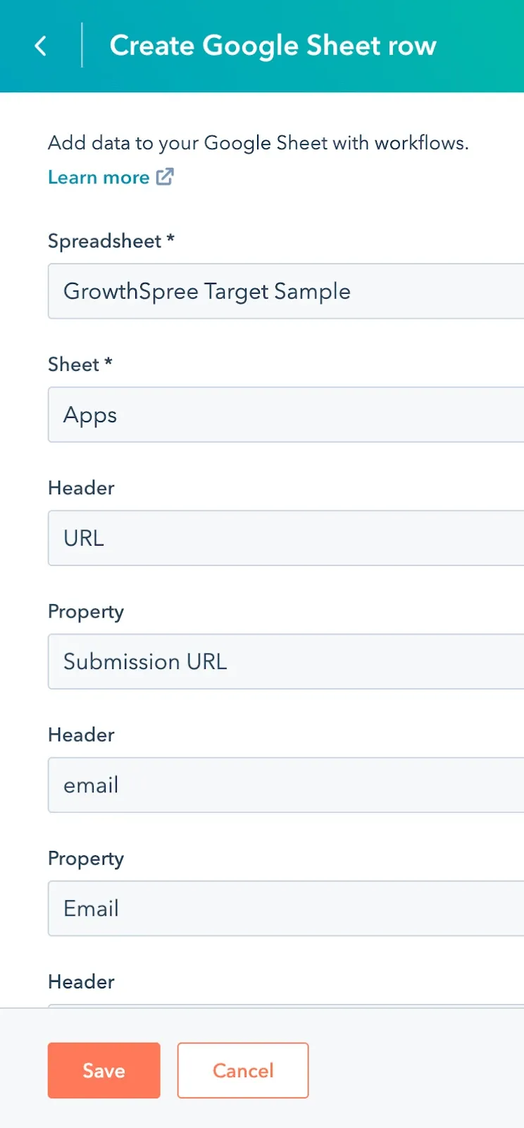 HubSpot workflow action mapping fields to Google Sheets
