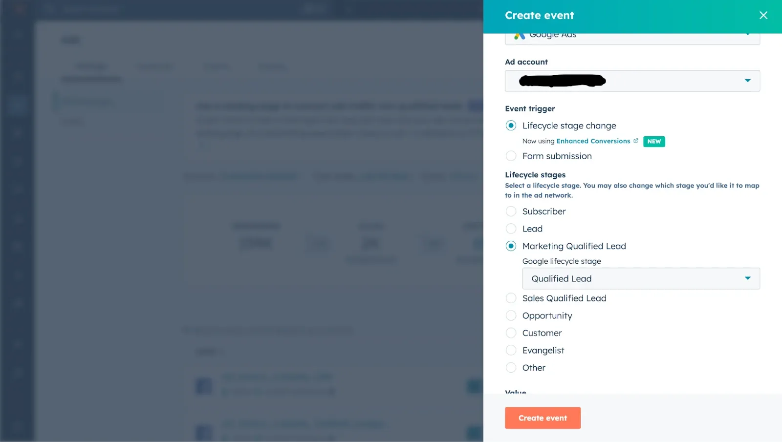 HubSpot conversion event finalization screen for Google Ads