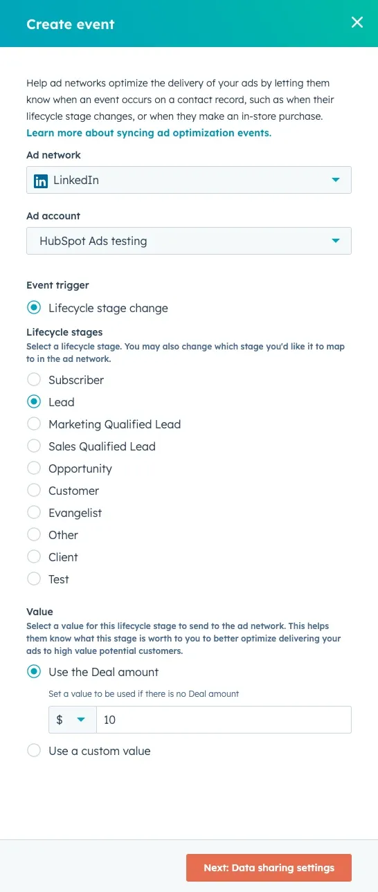 HubSpot conversion event creation for LinkedIn Ads